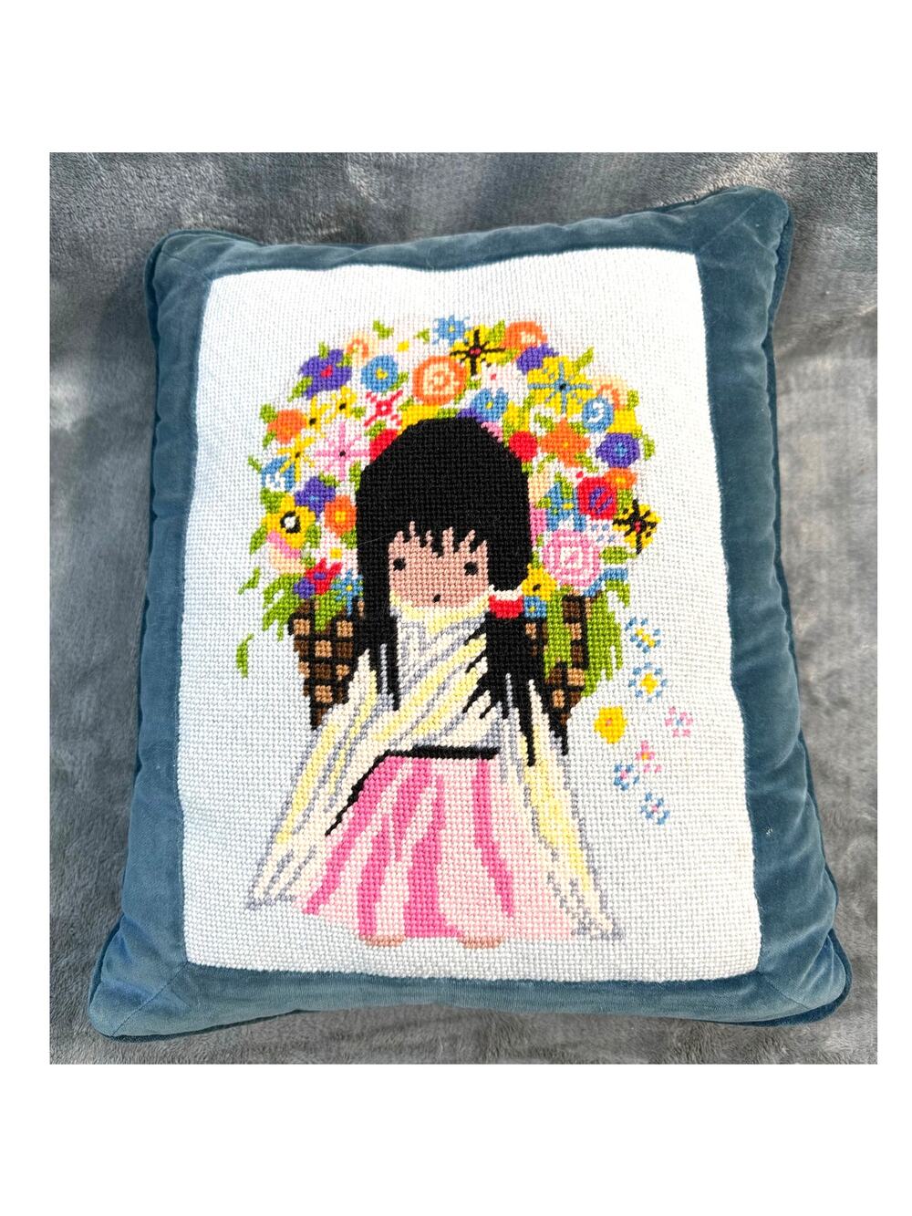 Ted DeGrazia Needlepoint Pillow Flower Girl Blue Velvet Vintage 12x14 Southwest
